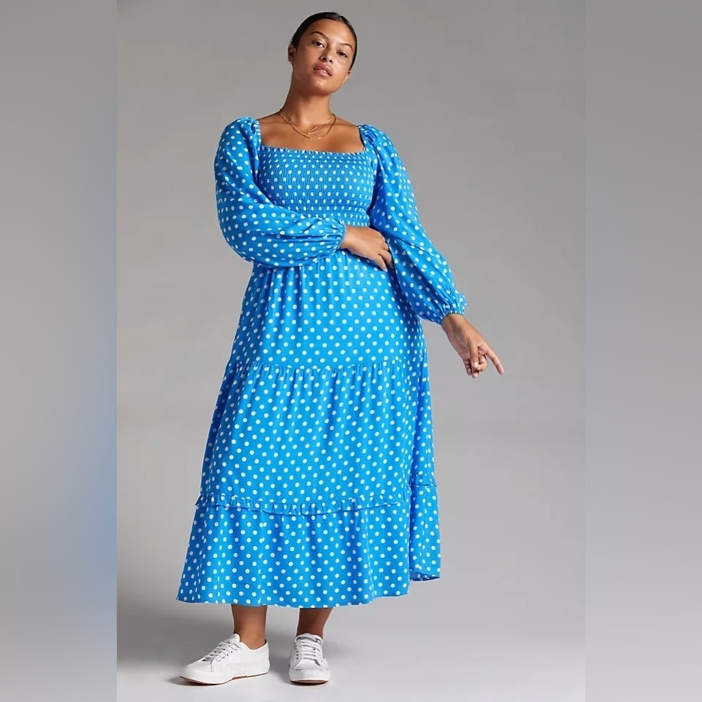 Anthropologie Blue Polka Dot Maxi Dress